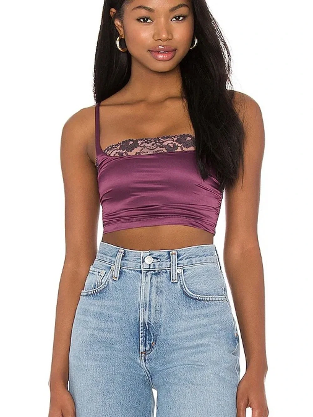 Free People Satin Lace Trim Crop Top in Plum